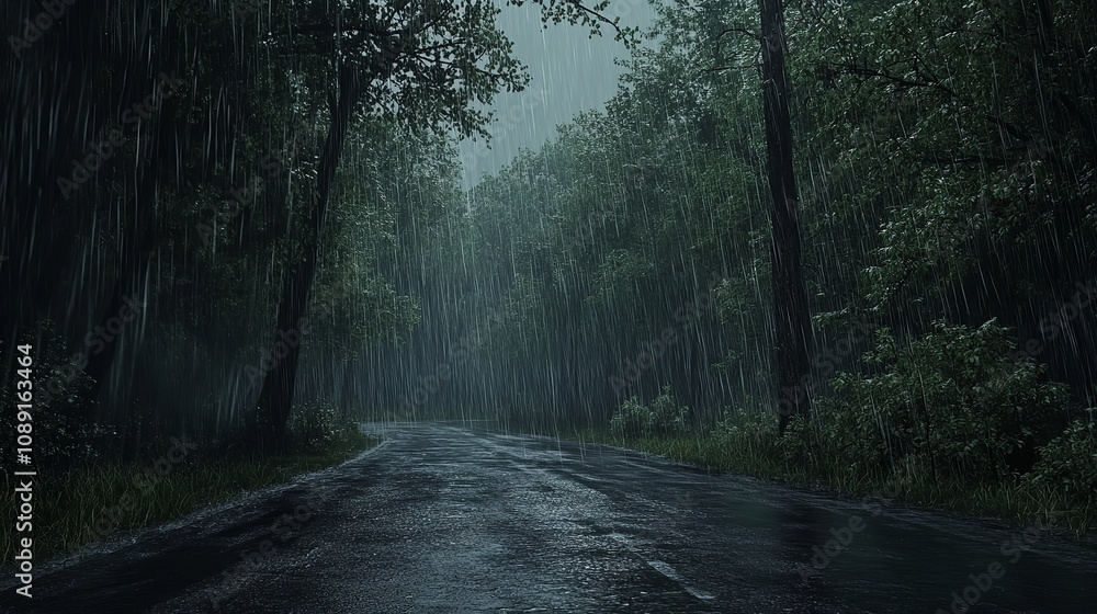 Fototapeta premium A Quiet Forest Road During a Rainstorm at Noon