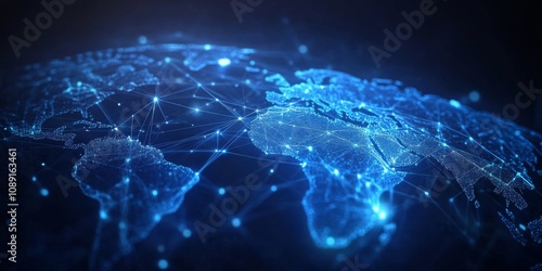 Futuristic Blue World Map of Glowing Interconnected Lines and Dots on Dark Background with Network Pattern.