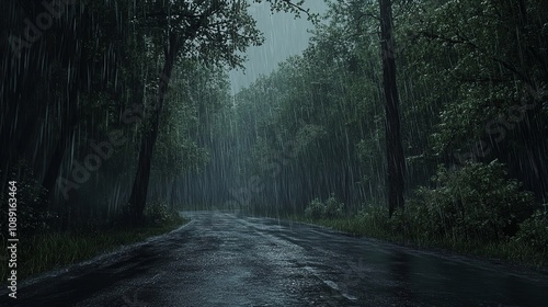 A Quiet Forest Road During a Rainstorm at Noon