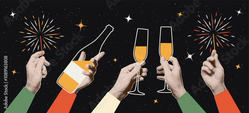 Hands with trendy halftone effect holding a glass of champagne, sparklers. New Year and Christmas holiday party. Vector collage elements, greeting card, invitation, banner.