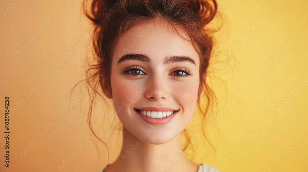 Side view young smiling Caucasian woman she wear orange shirt casual clothes hold hands crossed folded look camera isolated on plain pastel light beige background studio portrait. Lifestyle concept Side view young smiling Caucasian woman she wear orange shirt casual clothes hold hands crossed folded look camera isolated on plain pastel light beige background studio portrait. Lifestyle concept
