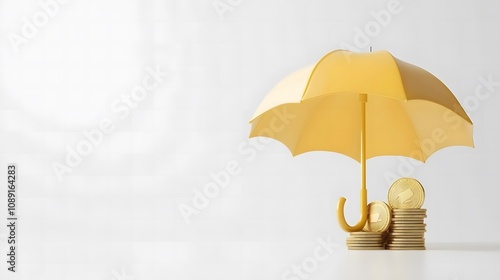 Wallpaper Mural Yellow Umbrella Protecting Stacks of Shiny Coins Symbolizing Financial Security and Investment Strategies in a Minimalist Studio Environment Torontodigital.ca