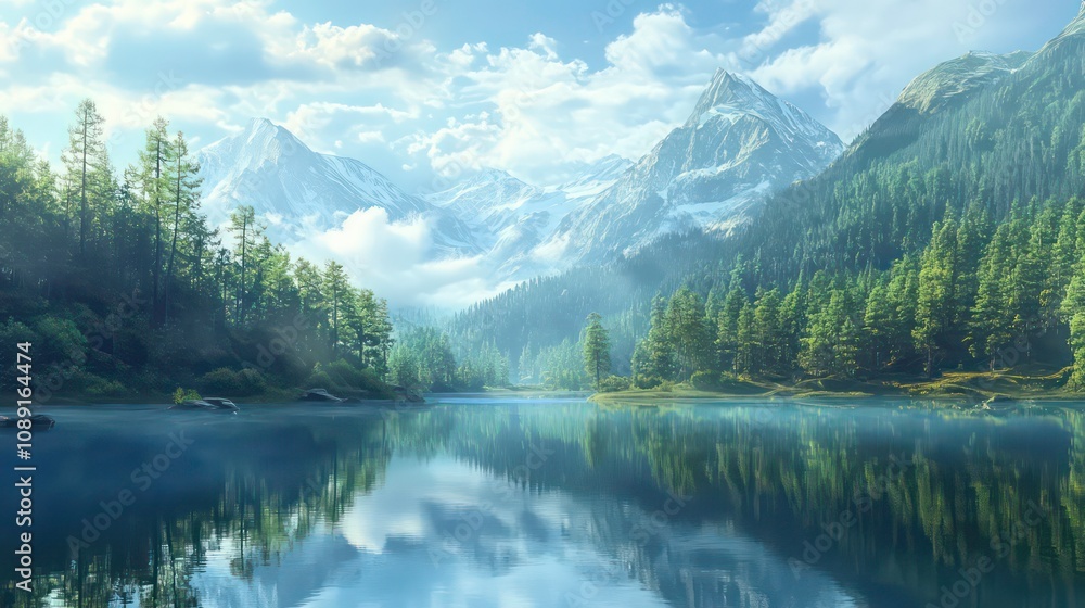 A tranquil mountain lake with snow-capped peaks reflected in the calm water, surrounded by lush evergreen trees and a misty atmosphere. A tranquil mountain lake with snow-capped peaks reflected in the calm water, surrounded by lush evergreen trees and a misty atmosphere.