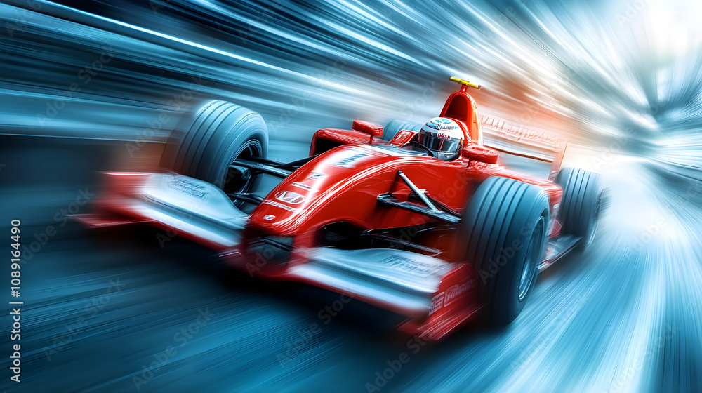 Formula one race car speeding through motion blur, showcasing speed Formula one race car speeding through motion blur, showcasing speed