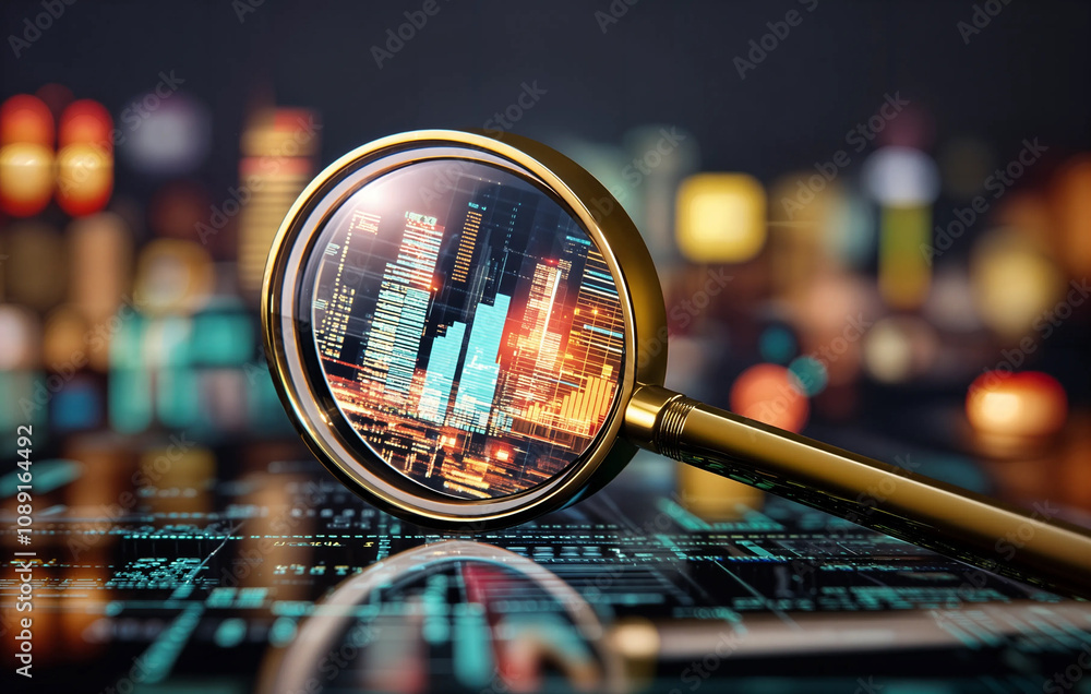 a magnifying glass with a cityscape inside, against a blurred city background.