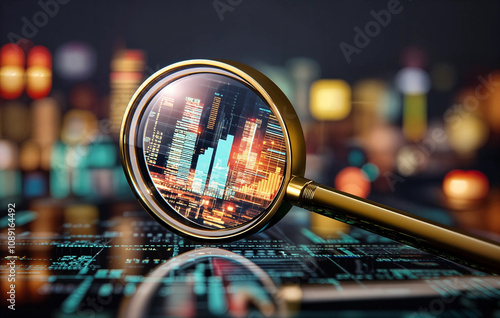 Obraz na płótnie a magnifying glass with a cityscape inside, against a blurred city background. w salonie