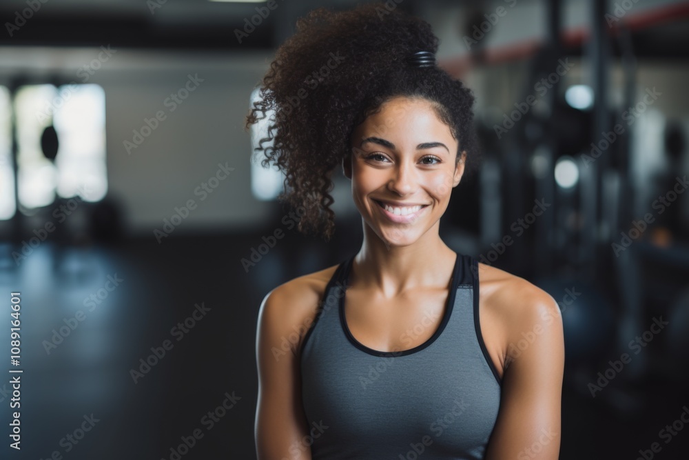 Smiling portrait of a young African American female fitness trainer in gym Smiling portrait of a young African American female fitness trainer in gym
