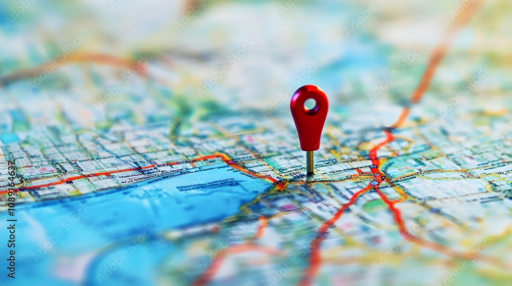 Colorful map with a red location pin highlighting a specific area. Colorful map with a red location pin highlighting a specific area.