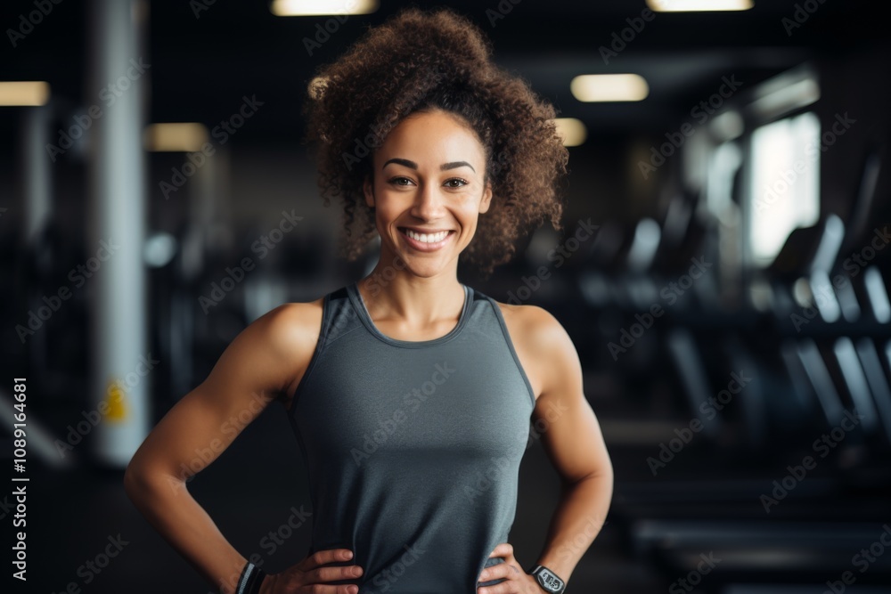 Smiling portrait of a young African American female fitness trainer in gym Smiling portrait of a young African American female fitness trainer in gym
