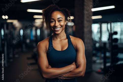 Smiling portrait of a young African American female fitness trainer in gym