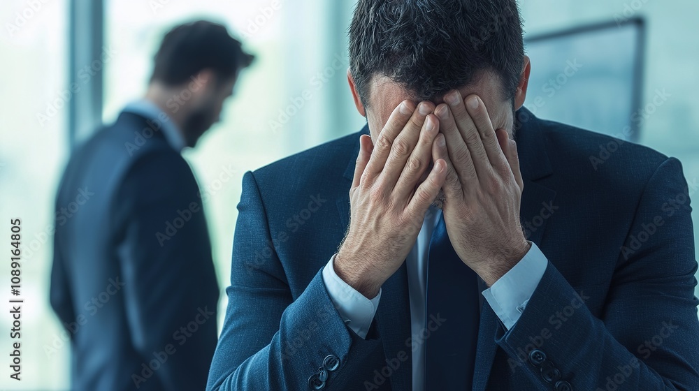Colleague supporting a friend in emotional distress at work office corporate environment professional setting compassionate gesture Colleague supporting a friend in emotional distress at work office corporate environment professional setting compassionate gesture