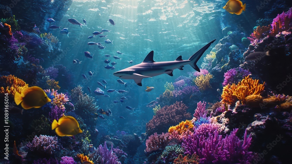 Fototapeta premium Sharks Swimming Near a Coral Reef