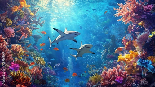  A majestic scene of a group of reef sharks swimming near a colorful coral reef