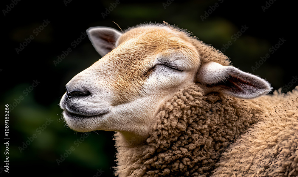 Serene Close-up of a Sheep with Eyes Closed, Peaceful Farm Animal Portrait. Serene Close-up of a Sheep with Eyes Closed, Peaceful Farm Animal Portrait.