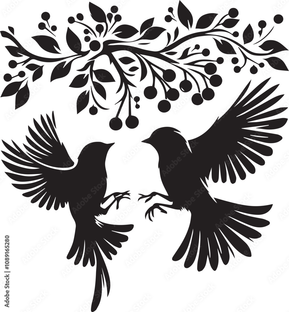 Fototapeta premium A pair of birds hovering over a branch with berries