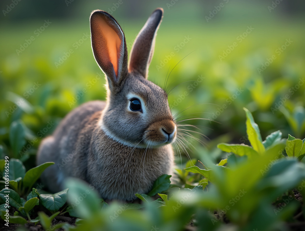Fototapeta premium Adorable baby rabbit bunny eating vegetable sitting on green grass spring time over bokeh nature background. Cuddly furry white brown rabbit eat fresh vegetable at outdoor. Easter animal concept.