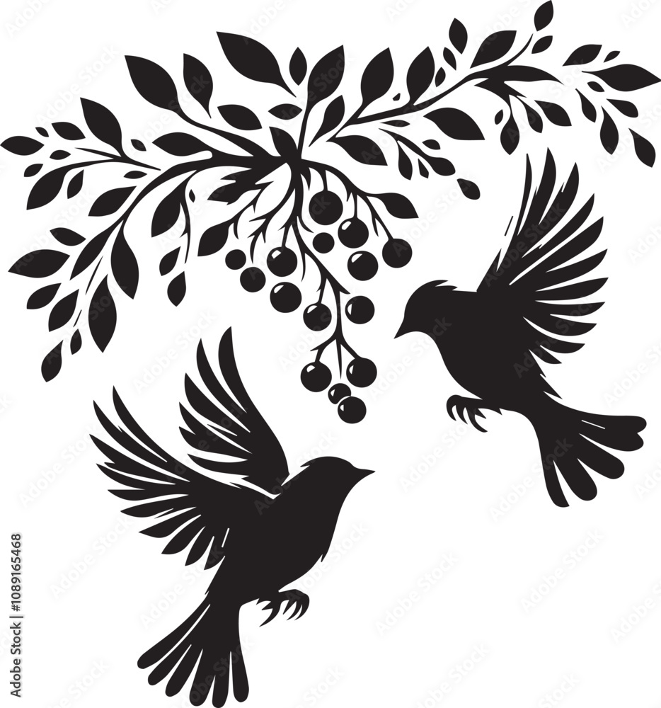 Obraz premium A pair of birds hovering over a branch with berries