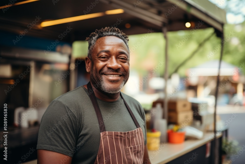 Fototapeta premium Smiling portrait of a middle aged African American food truck owner