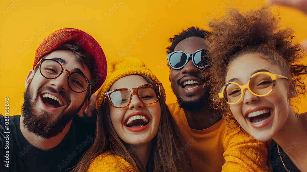 Obraz premium joyful group of diverse young people laughing together in bright colors