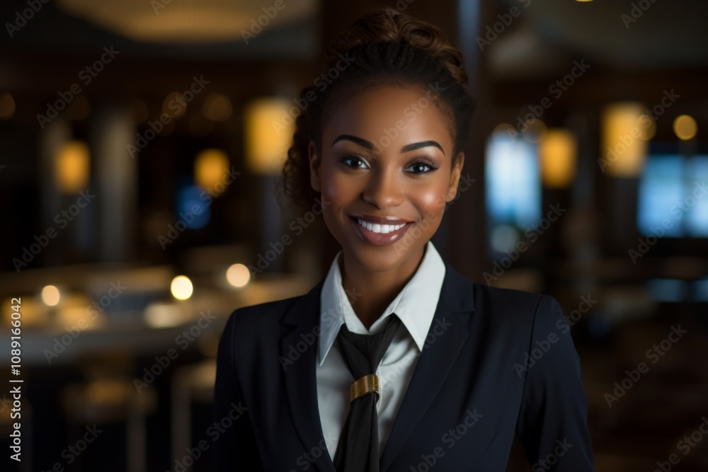 Portrait of a smiling young female African American hotel receptionist Portrait of a smiling young female African American hotel receptionist
