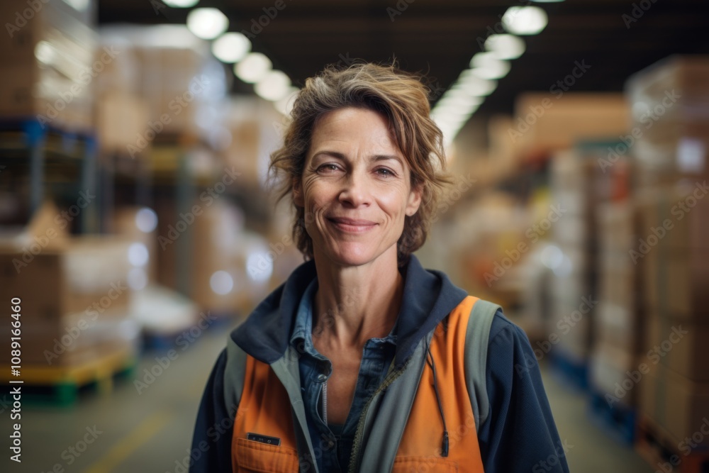 Fototapeta premium Portrait of a joyful middle aged female warehouse worker