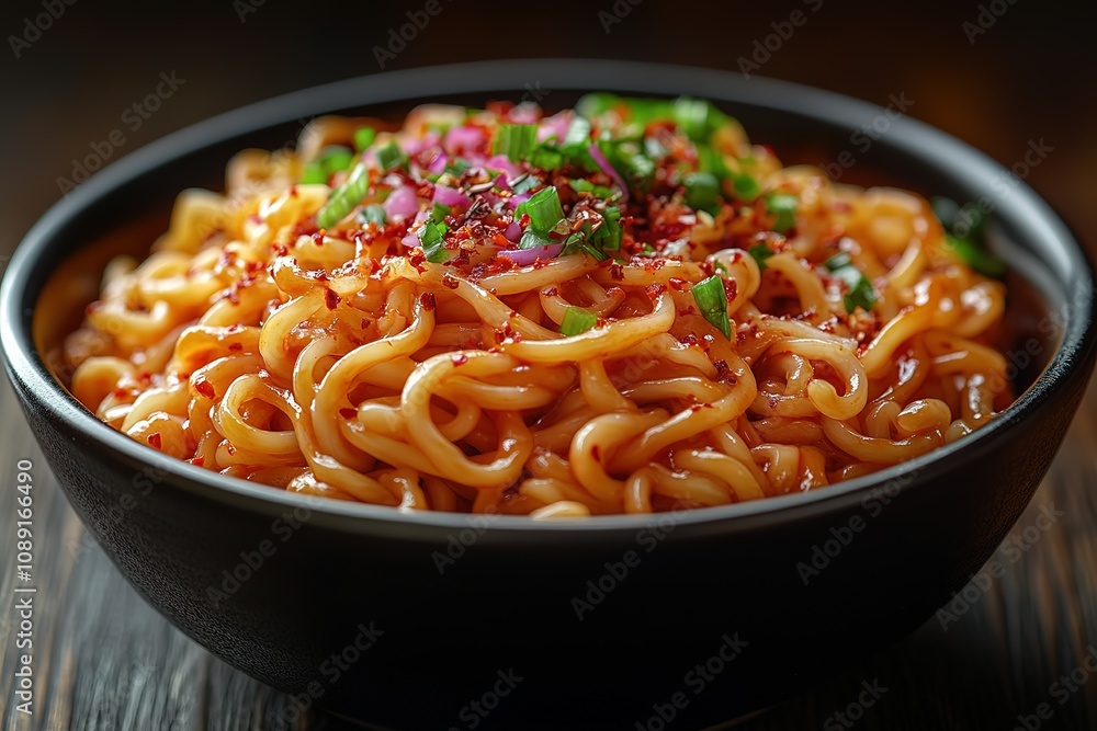 A bowl of noodles with red sauce and green onions