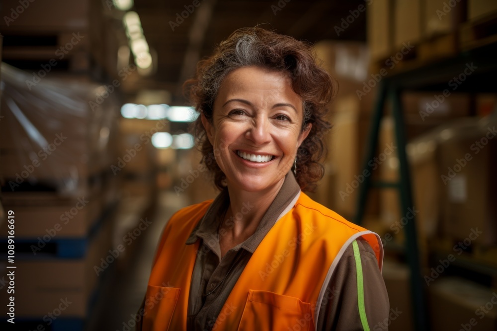 Portrait of a joyful middle aged female warehouse worker Portrait of a joyful middle aged female warehouse worker