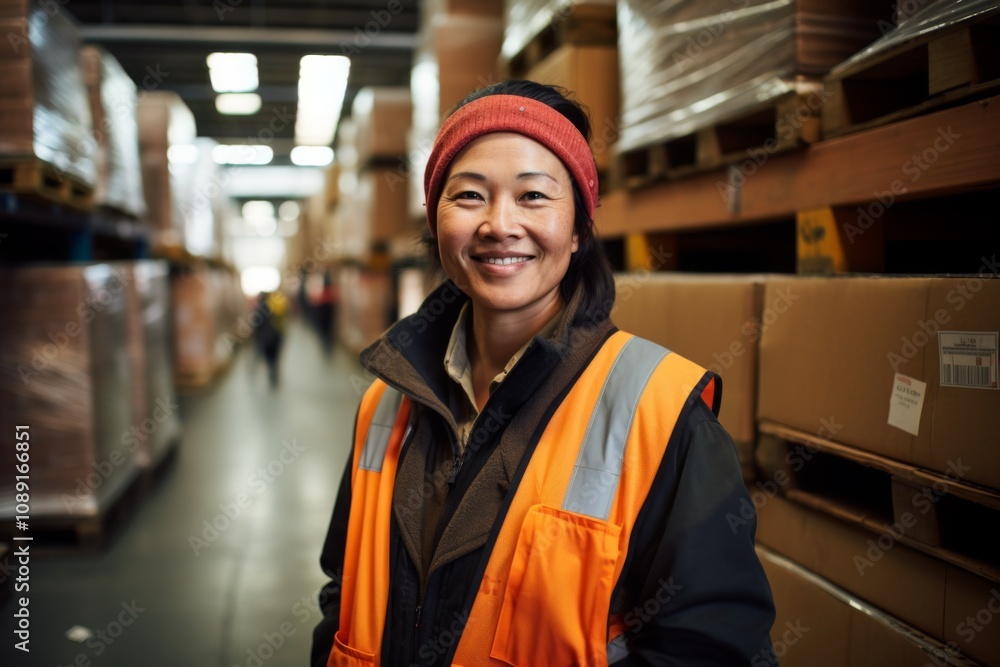 Portrait of a joyful middle aged female warehouse worker