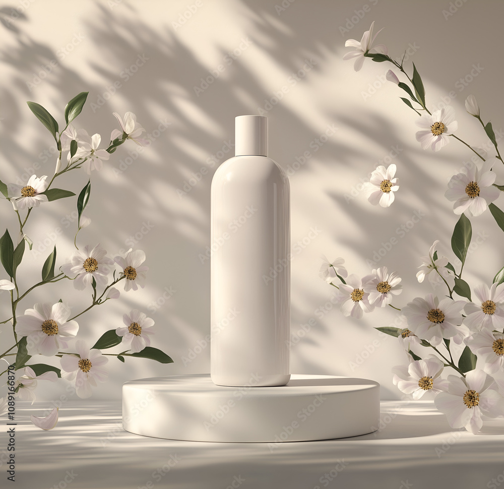 mockup of an elegant white shampoo bottle, placed on a minimalist white podium with soft shadows and delicate flowers for contrast against the solid pastel background. mockup of an elegant white shampoo bottle, placed on a minimalist white podium with soft shadows and delicate flowers for contrast against the solid pastel background.