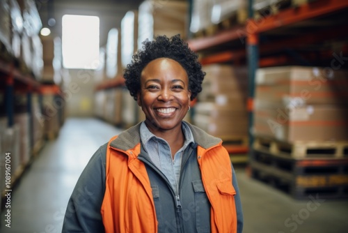 Portrait of a joyful middle aged female warehouse worker