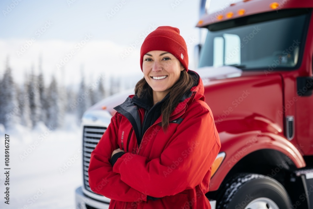 Female truck driver in red jacket standing in front of semi-truck in snowy landscape Female truck driver in red jacket standing in front of semi-truck in snowy landscape