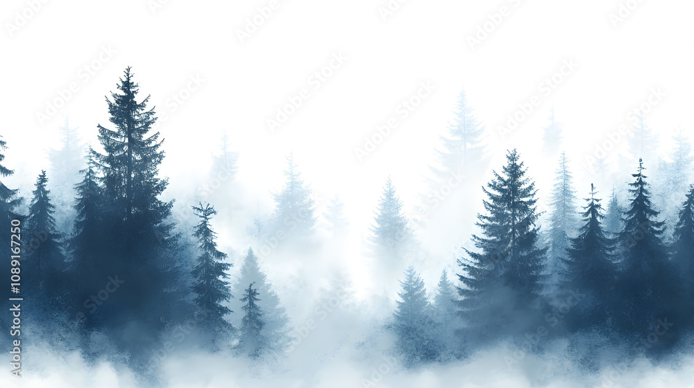 Misty pine forest with tall trees fading into fog creates serene atmosphere Misty pine forest with tall trees fading into fog creates serene atmosphere
