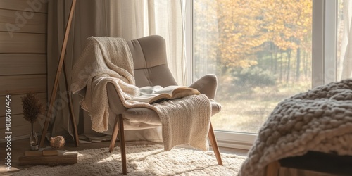 A cozy nook for reading with a plush chair, blanket, and natural light streaming in, relaxation vibe, photo