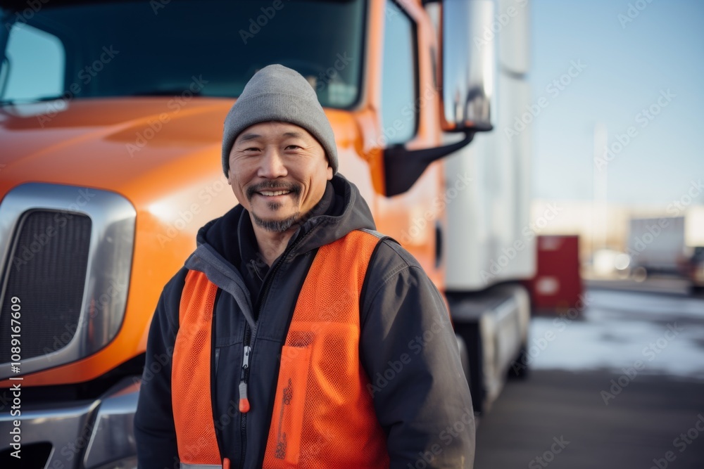 Portrait of a middle aged male truck driver during winter Portrait of a middle aged male truck driver during winter