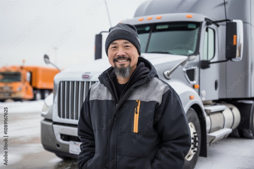 Portrait of a middle aged male truck driver during winter Portrait of a middle aged male truck driver during winter
