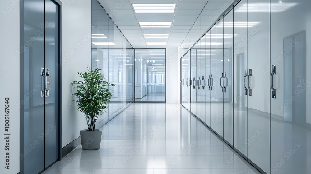 Modern office corridor with glass doors and lockers, creating sleek atmosphere Modern office corridor with glass doors and lockers, creating sleek atmosphere