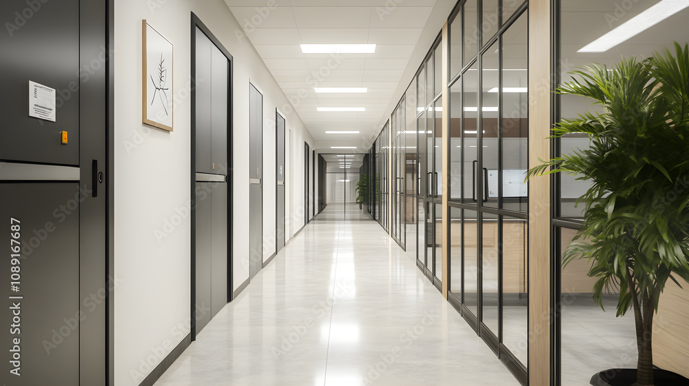 Fototapeta premium Modern office corridor with lockers, glass doors, and plants