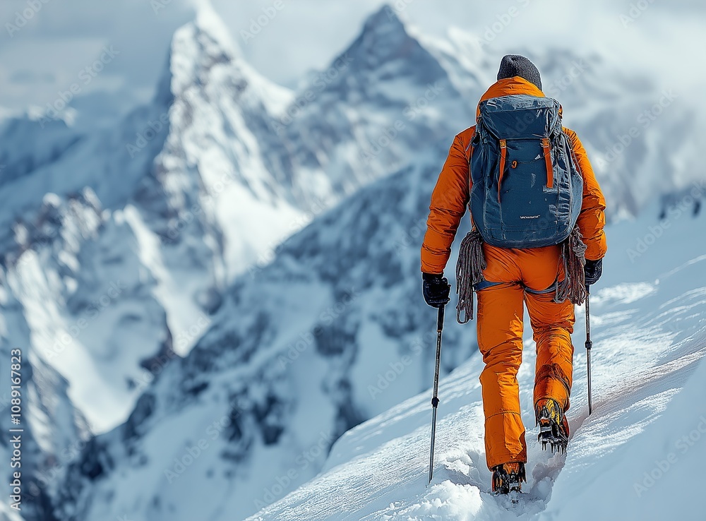 Fototapeta premium Mountain climber on a steep narrow snow ridge, extreme alpinist mountaineer, winter sport or hobbies