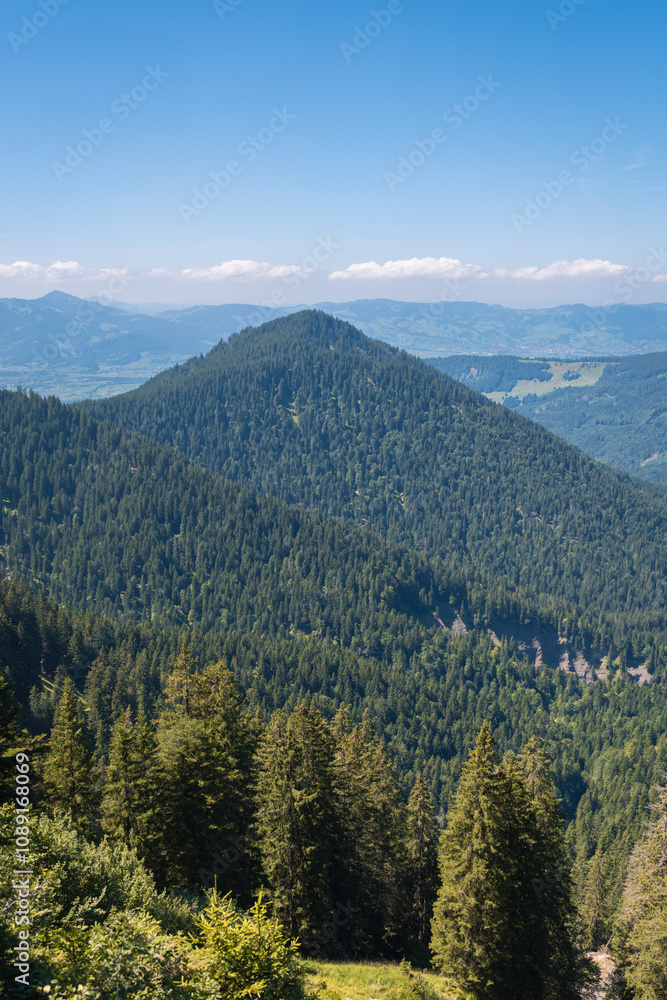 Dense evergreen forest covering a pyramid-shaped mountain under a clear blue sky, surrounded by scenic valleys and distant hills, creating a tranquil and inspiring natural vista.
Dense evergreen forest covering a pyramid-shaped mountain under a clear blue sky, surrounded by scenic valleys and distant hills, creating a tranquil and inspiring natural vista.