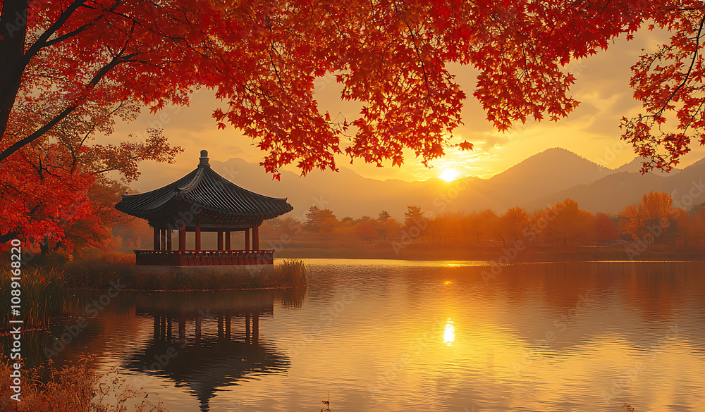 serene autumn scene in South Korea featuring vibrant red leaves, tranquil lake, and traditional pavilion at sunset. warm colors evoke peaceful atmosphere serene autumn scene in South Korea featuring vibrant red leaves, tranquil lake, and traditional pavilion at sunset. warm colors evoke peaceful atmosphere