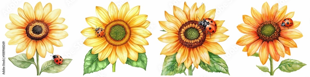 Set of sunflower watercolor. Four vibrant sunflowers with ladybugs, showcasing bright yellow petals and rich green centers, embodying the beauty of nature. Set of sunflower watercolor. Four vibrant sunflowers with ladybugs, showcasing bright yellow petals and rich green centers, embodying the beauty of nature.