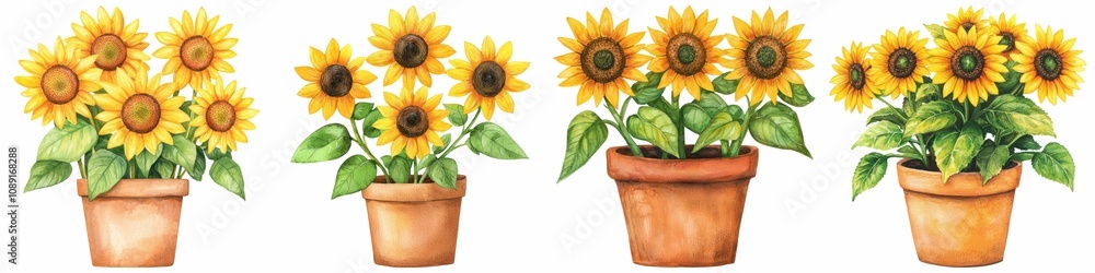 Obraz premium Set of sunflower watercolor. A series of four potted sunflower arrangements, showcasing vibrant yellow blooms and lush green leaves, perfect for brightening any space.