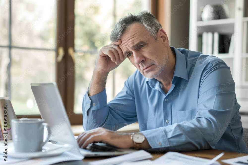 man in his 50s wearing a blue shirt looks stressed while working on his laptop at a desk man in his 50s wearing a blue shirt looks stressed while working on his laptop at a desk