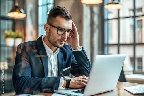 man in a suit, glasses, experiencing stress, working on his laptop in a modern office setting