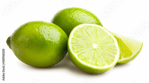 Juicy limes, whole and sliced, arranged on a bright white background, showcasing their vibrant green color and refreshing texture. Ideal for recipes, health, or food-related projects.