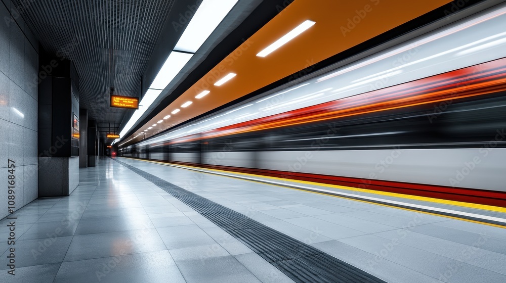 Modern Minimalist Subway Station Interior with Blurred Train in Motion, Emphasizing Clean Lines, Open Spaces, and Urban Transportation Aesthetics Modern Minimalist Subway Station Interior with Blurred Train in Motion, Emphasizing Clean Lines, Open Spaces, and Urban Transportation Aesthetics