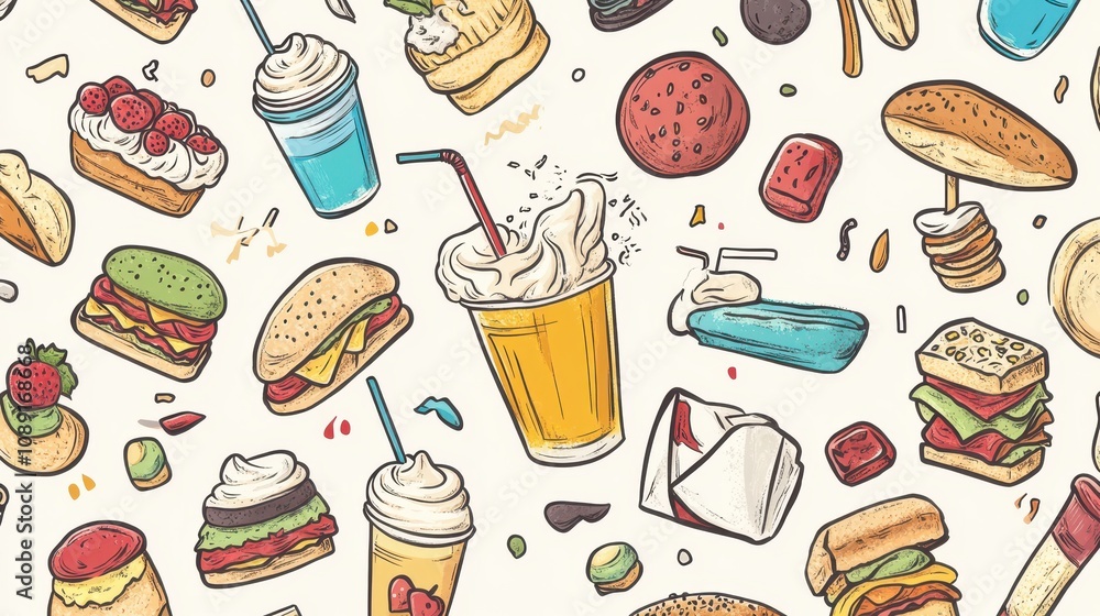 Artistic Lunch Poster Featuring Colorful Doodles of Various Food Items Including Desserts, Snacks, and Beverages in a Playful Design Artistic Lunch Poster Featuring Colorful Doodles of Various Food Items Including Desserts, Snacks, and Beverages in a Playful Design