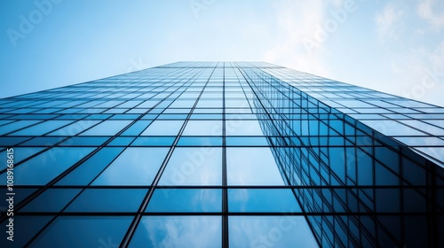 Symmetrical View of Tall Glass Buildings Reaching Towards the Sky with Clear Blue Background and Reflections Highlighting Modern Architecture