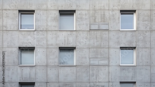 Detailed View of Textured Concrete Facade Featuring Evenly Placed Windows Highlighting Modern Architectural Design and Urban Aesthetics