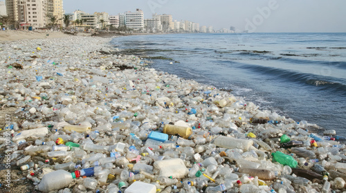 Plastic pollution covers beach near urban capital city affecting ocean health. Generative AI